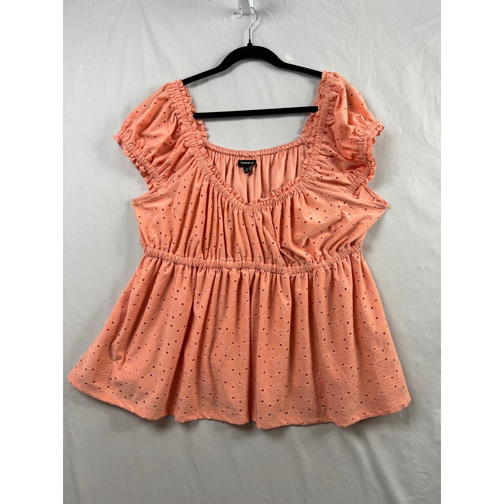 Torrid 2 Babydoll Top Womens 2X Orange Eyelet Ruffle Cap Sleeve Empire Waist
